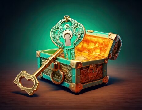 Treasure chest with heart shaped key.