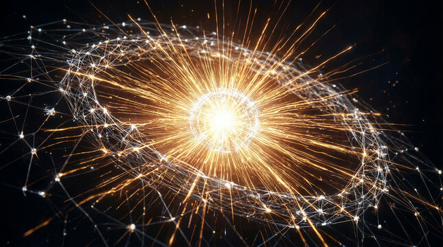 Artificial intelligence network, macro close up of a glowing digital core processing data against a deep space dark background