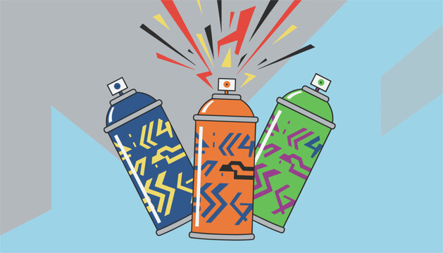 Three colorful graffiti spray paint cans in blue orange and green spraying abstract energetic color splashes.