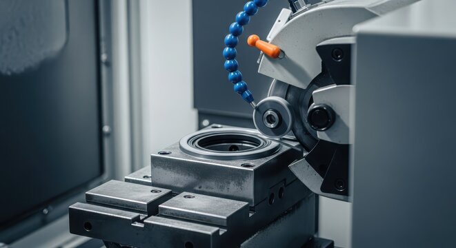 Intricate precision grinding machine in operation shaping a metal component with fine detail for industrial manufacturing