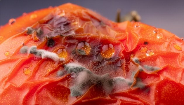 Extreme macro photograph of rotten tomato skin, collapsed wrinkled surface with dark decay spots and fuzzy mold growth.