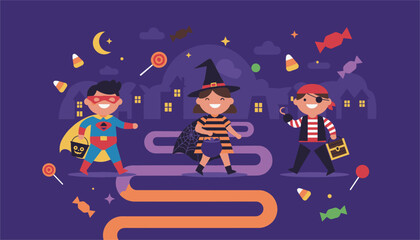 Naklejka premium Three cute children in superhero, witch, and pirate costumes trick-or-treating in spooky town at night, vector.