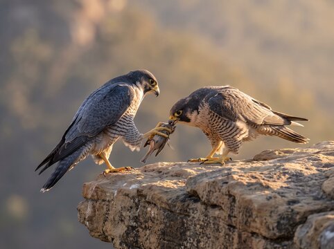 Two peregrine falcons interacting and sharing food on a rocky mountain ledge in natural daylight.