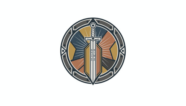 Powerful medieval emblem depicting a detailed silver sword overlapping a circular iron shield on a clean white background.
