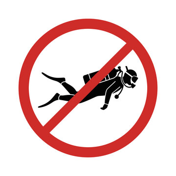 Prohibited scuba diving area sign with diver silhouette icon