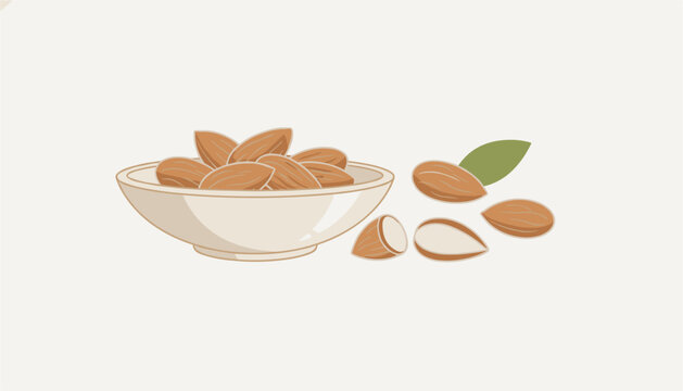Delicious whole almonds served in a ceramic bowl with some raw nuts and a green leaf scattered on a neutral background.