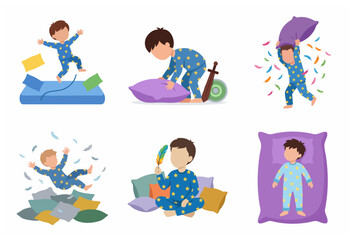 Fototapeta premium Cute little boy in pajamas playing and sleeping with pillows set, childhood bedtime routine illustration