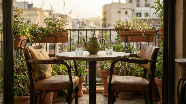 Bistro table with teapot and glasses on a sunny balcony overlooking a city street