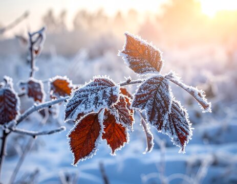 Hoarfrost covering brown leaves in a winter field.