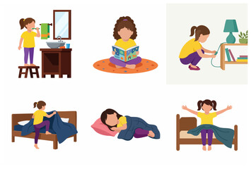 Fototapeta premium Little Girl Daily Routine Illustration Set: Morning and Evening Activities, Hygiene, Reading, and Sleep