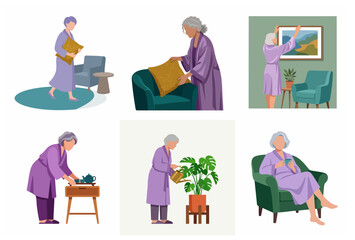 Fototapeta premium Vector set of an elderly woman in a purple robe enjoying daily activities at home, from watering plants and serving tea to relaxing in an armchair and decorating the wall.