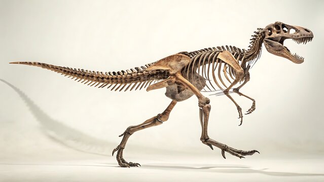 Dinosaur skeleton fossil of a theropod predator isolated on a white studio background