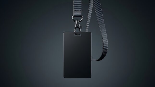 Blank black rectangular ID card or employee badge mockup hanging vertically on a dark grey background with a matching black lanyard and metal clip, ready for corporate identity or event access customi