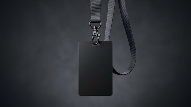 Blank Black Identification Badge with Matte Finish and Rounded Corners Hanging from a Fabric Lanyard with a Metal Carabiner Clip against a Dark Gray Background, Ready for Branding