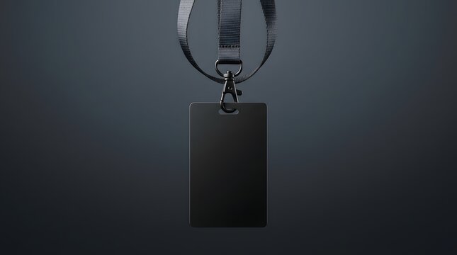 Blank black vertical ID card mockup template hanging from a dark fabric lanyard with a metal hook, symbolizing identification, access, security, or staff credentials against a subtly lit dark grey bac