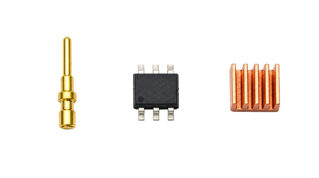 Electronic components with contact pin, integrated circuit and copper heatsink on transparent background