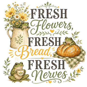 Charming cottagecore illustration featuring cute frogs, fresh wildflowers, rustic bread, tea cup, and vintage pitcher with the cheerful quote Fresh Flowers, Fresh Bread, Fresh Nerves.