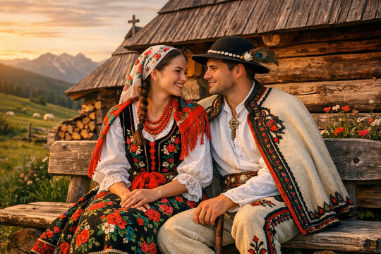 Str&oacute;j Podhalanski Couple in Polish Folk Costumes
Sitting on Bench in front of a wooden hut Podhale
