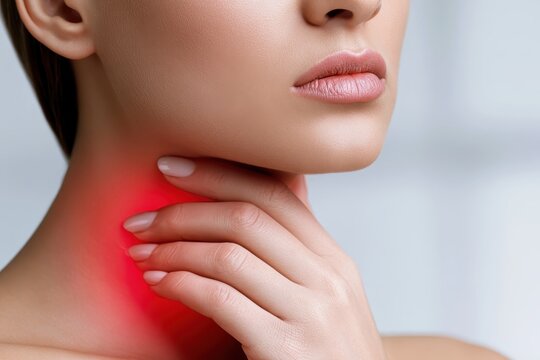 Woman touches neck to thyroid gland disease symptoms. Glowing red sign on throat. Endocrine inflammation hypothyroidism goiter node or larynx pain. Lymph node screening, hormones. Awareness campaign