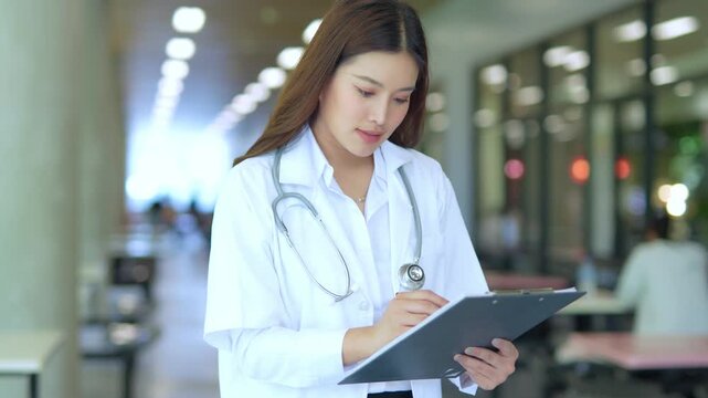  Healthcare Female doctor with tablet for telemedicine, research or online consultation in hospital.