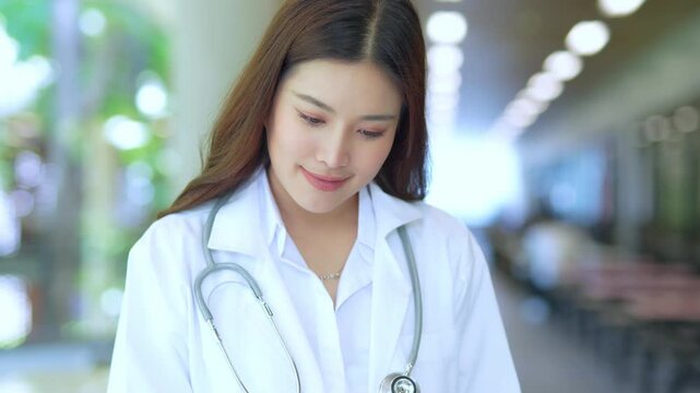  A female doctor wearing a coat walks along a hospital corridor.