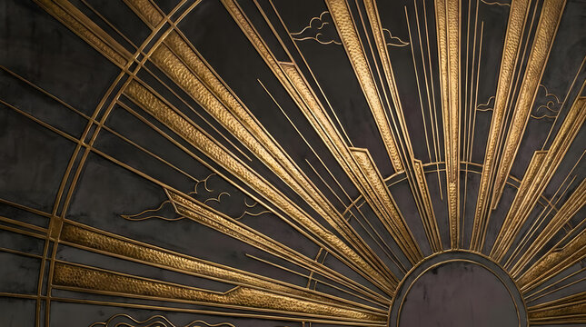 Art Deco sunburst pattern with golden relief lines.
