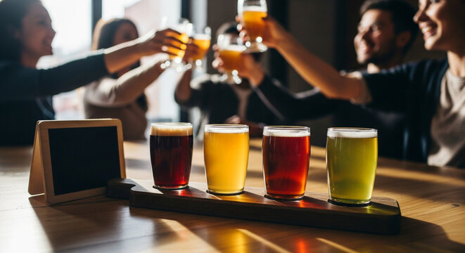 Craft beer flight tasting paddle with four different types of ales and blurred friends toasting in the background at a pub