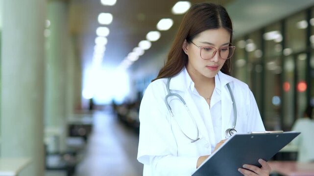 A female doctor wearing a coat walks along a hospital corridor.