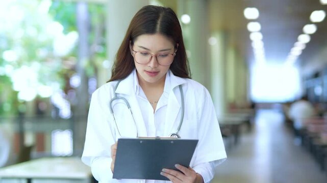  A female doctor wearing a coat walks along a hospital corridor.
