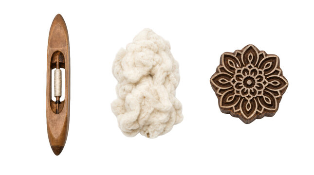 Collection of textile craft tools on a transparent background