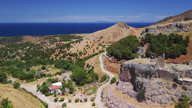 Aerial View of Chora Medieval Village on Samothraki Island Greece