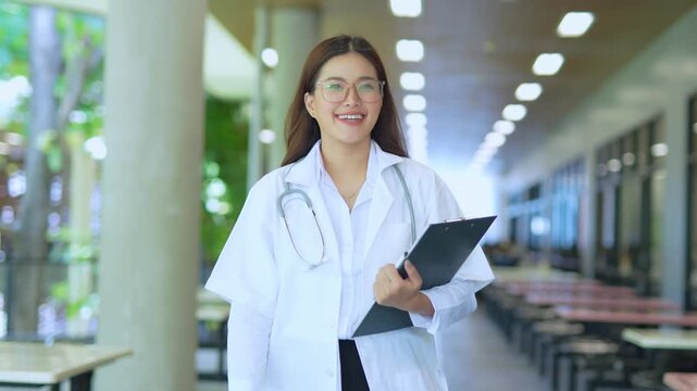 A female doctor wearing a coat walks along a hospital corridor.