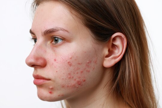 Young woman face profile with acne blemishes red pimples pustules and scars on cheek skin. Medical theme. Disease breakout vulgaris pathology or skincare infection. Allergic Redness, pox, MPOX, COVID