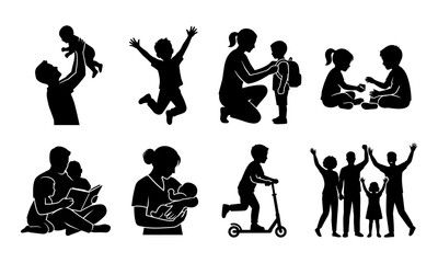 Obraz premium Collection of diverse family and children activity silhouettes for parenting education recreation and community lifestyle concepts