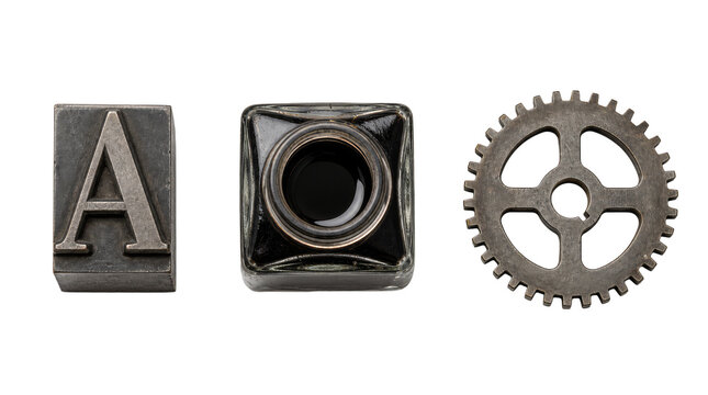 Vintage mechanical and writing objects on a transparent background