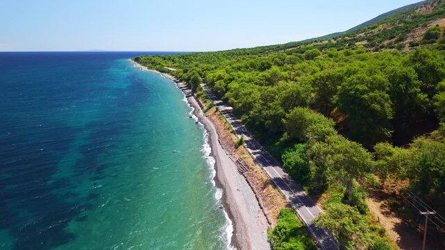 Aerial View of Scenic Coastal Road on Samothrace Island Greece