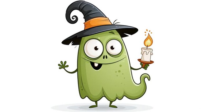 Cute cartoon ghost in a hat on a white background flat design animation