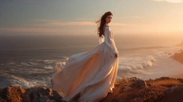 beautiful woman in a flowing white dress standing on a windswept coastal cliff, long fabric moving naturally in the wind, enormous ocean waves below