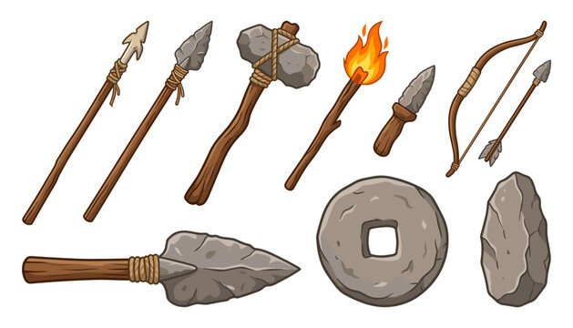Stone Age Primitive Tool Vector Icon Set Featuring Prehistoric Weapons Axe Spear Bow Torch and Wheel Elements for History Gaming and Education
