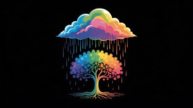 Illustrated vibrant rainbow tree grows under a matching colorful cloud raining cheerful drops