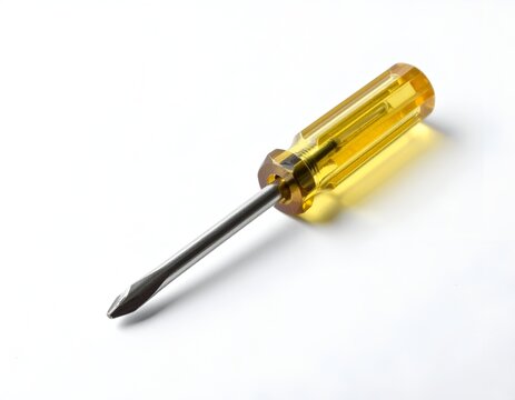 Manual screwdriver with yellow handle on white background.