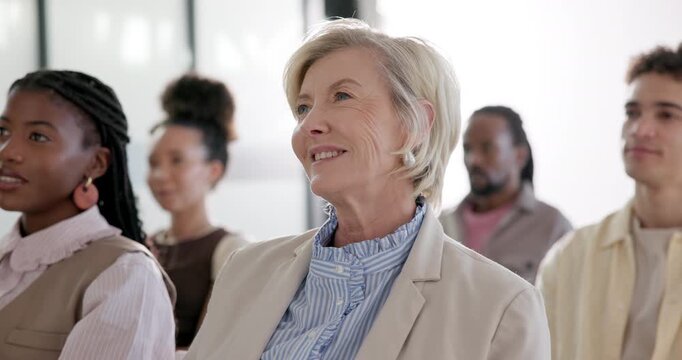 Audience, woman and listen in office with workshop, creative advice and training for manager skills. Happy, person and team in seminar for management insight, hearing feedback or knowledge for career