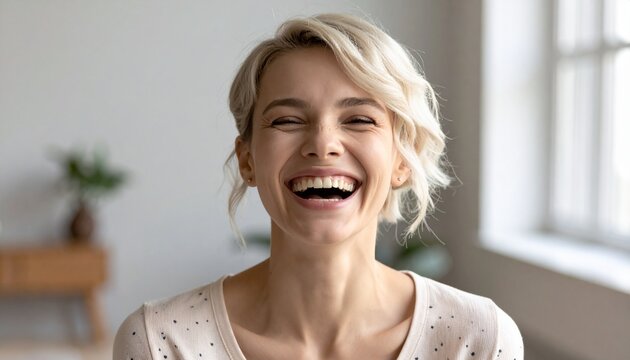 Blonde woman laughing at awkward moment, haha emoji expression, portrait of joyful lady