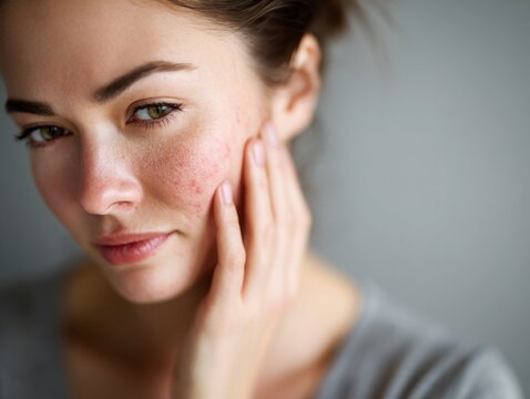 Close up portrait of a young woman with mild visible facial allergy symptoms, gently touching the side of her cheek, subtle localized redness, clean