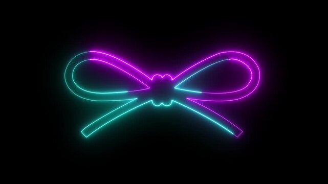 Glowing neon string knot icon isolated on black background. Nautical rope knots symbol. ropes with a bow knot. 4k video animation.