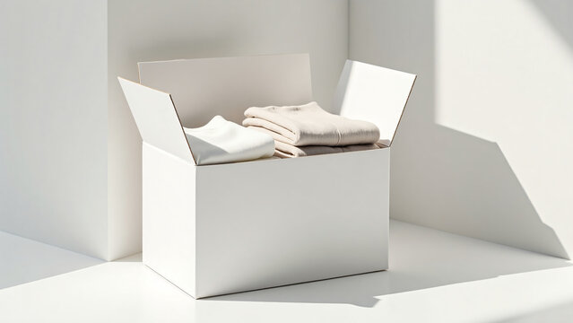Unboxing White Box with Folded Clothing for Marketing Text