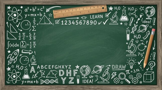Wood-framed chalkboard background with math and science doodles, copy space