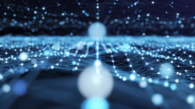 Futuristic Digital Plexus Network with glowing blue nodes on dark background, ideal for tech and AI visuals.
