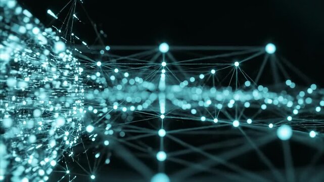 Futuristic Blue Data Network with Glowing Nodes on Black Background ideal for AI tech visuals.