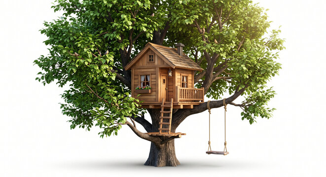Rustic wooden treehouse in lush green oak tree. Charming backyard playhouse with ladder and swing. Isolated tree house on white background.